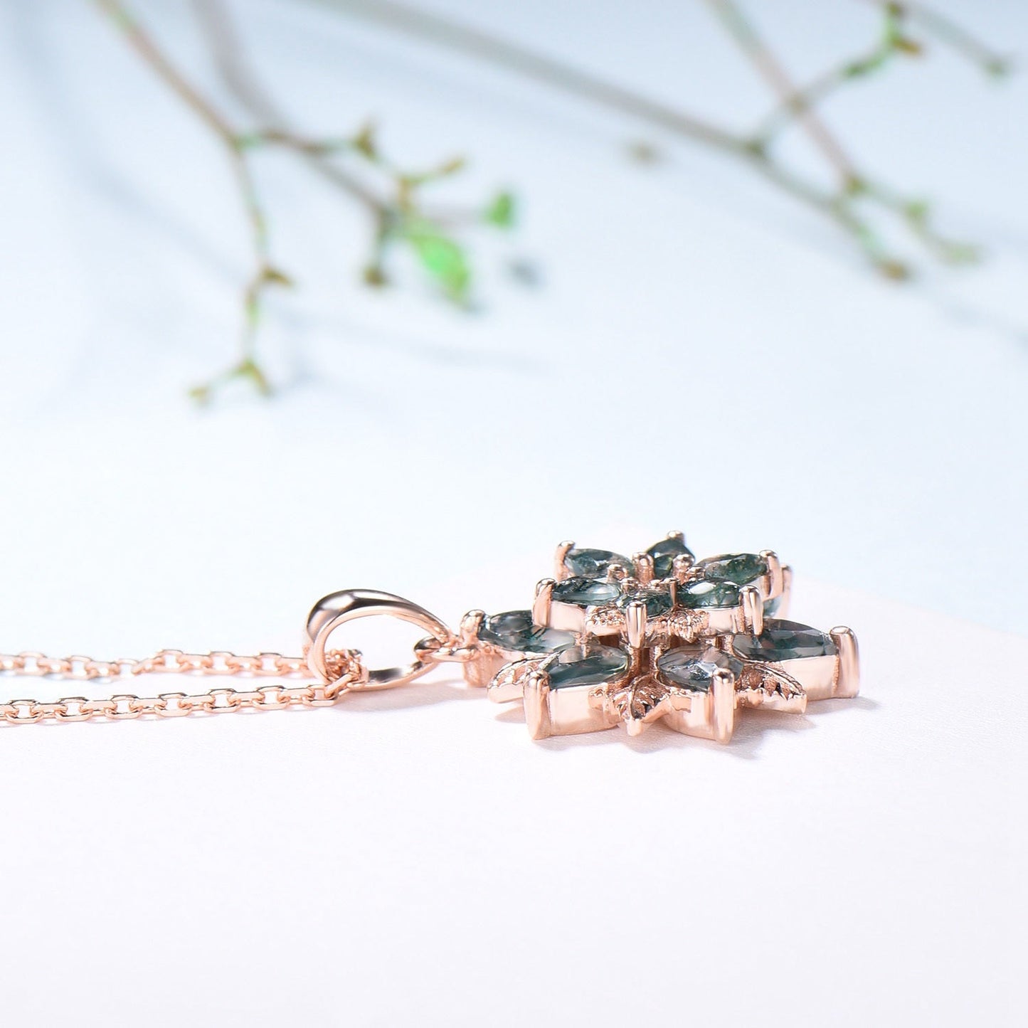 Tearsrop Moss Agate Flower Necklace - Double Halo Pendant, Leaf Vine