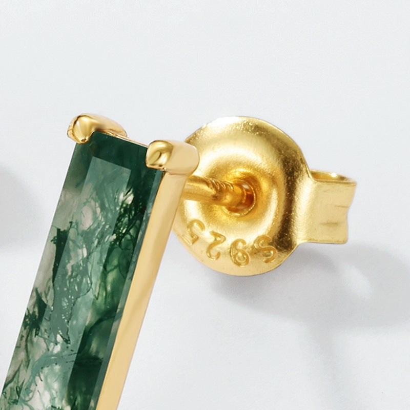 Minimalist Long Baguette Moss Agate Stud Earrings