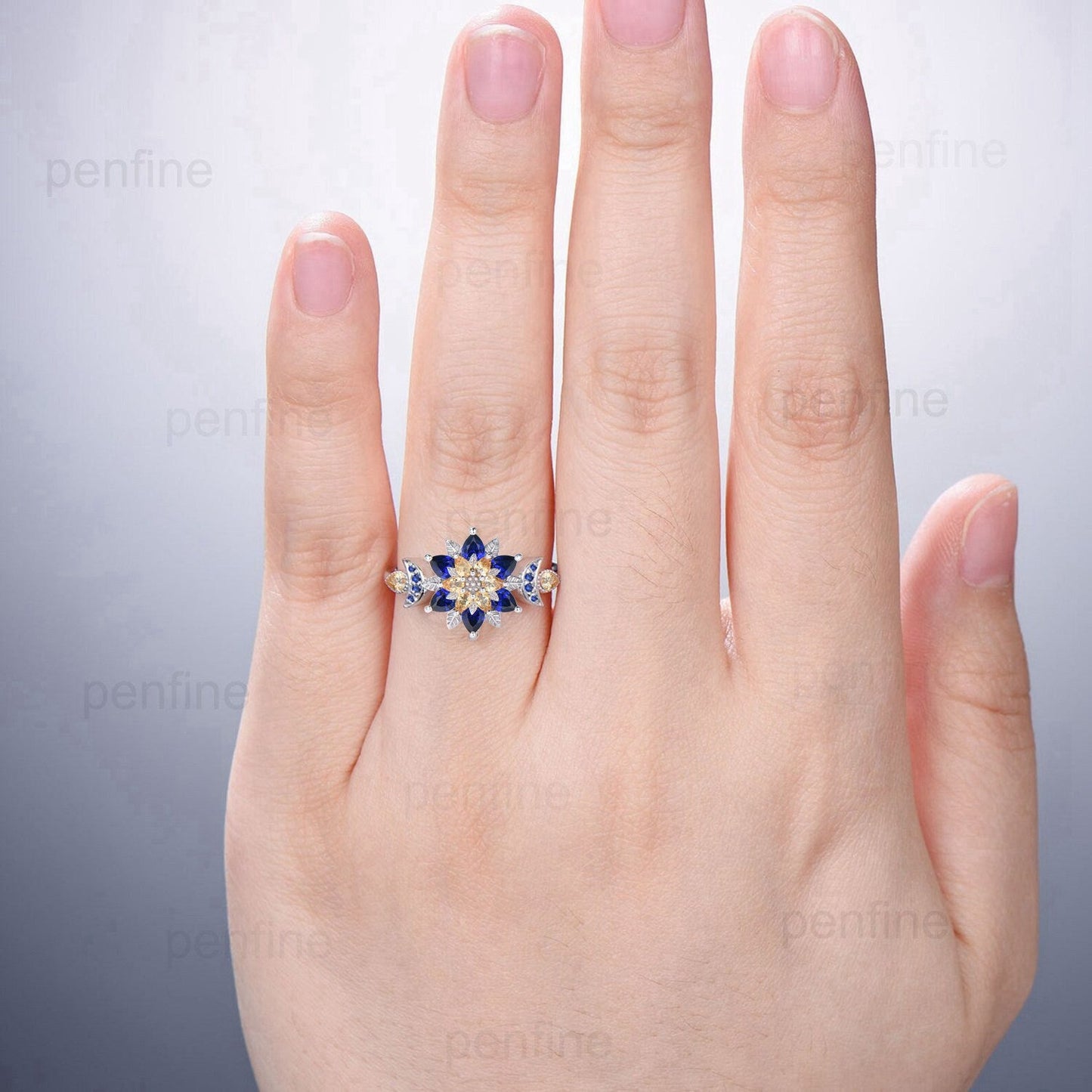 Celestial Sun and Moon Engagement Ring | Sapphire & Citrine Floral Mandala