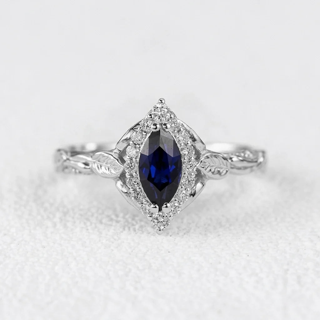 Victoria’s Diadem | Marquise Cut Sapphire & Diamond Halo Bridal Set 2pcs