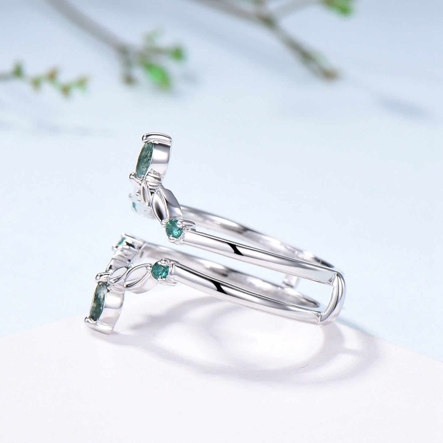 Moss Agate Marquise Wedding Band, Emerald Enhancer Ring, Solid Gold