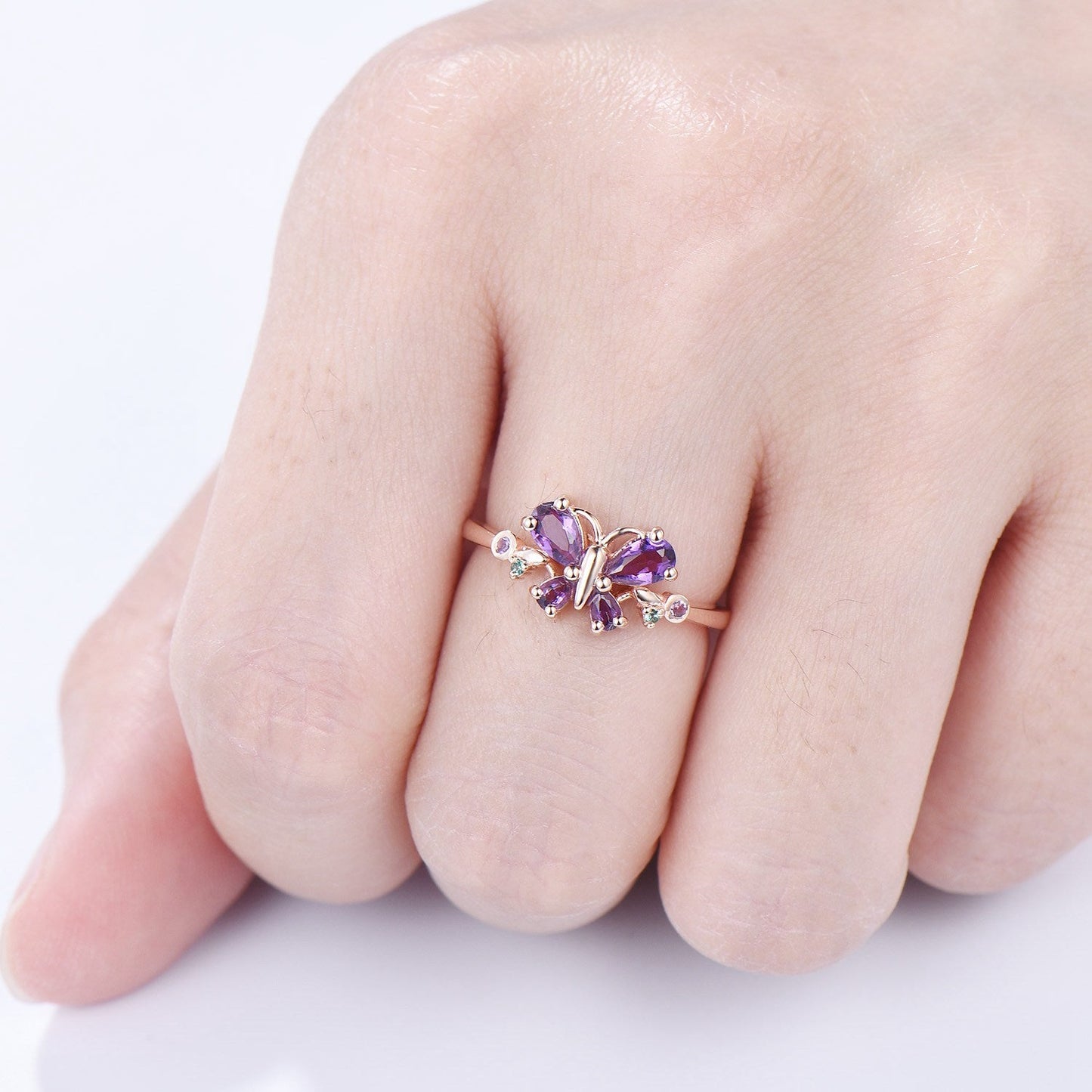Unique Butterfly Ring Amethyst Engagement Ring teardrop amethyst silver rose gold flower promise ring emerald anniversary gift women