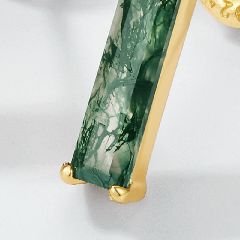 Minimalist Long Baguette Moss Agate Stud Earrings