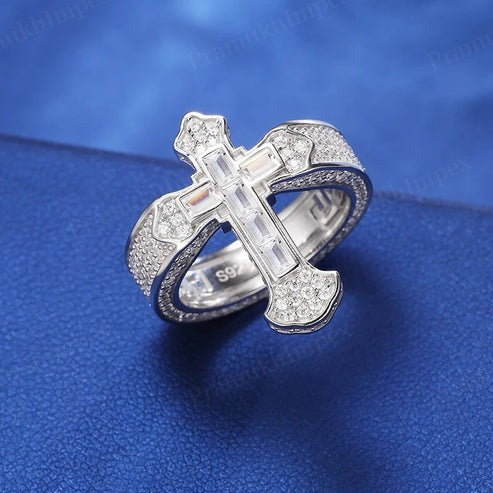 Antique Engravable Iced out Moissanite Baguette Cross Band in Silver