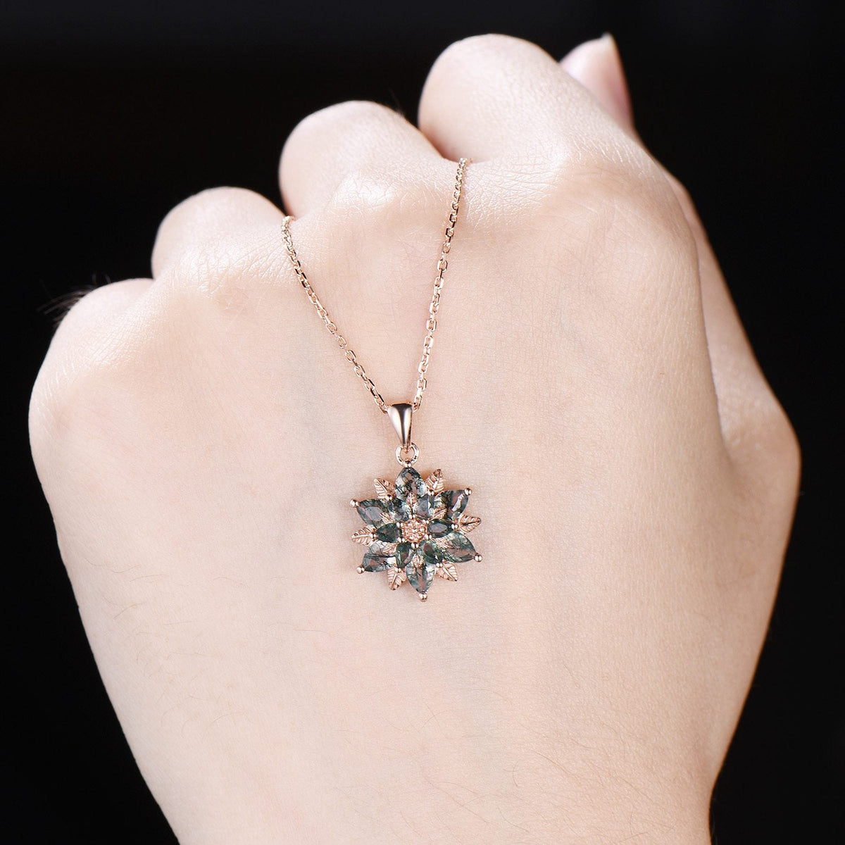Tearsrop Moss Agate Flower Necklace - Double Halo Pendant, Leaf Vine