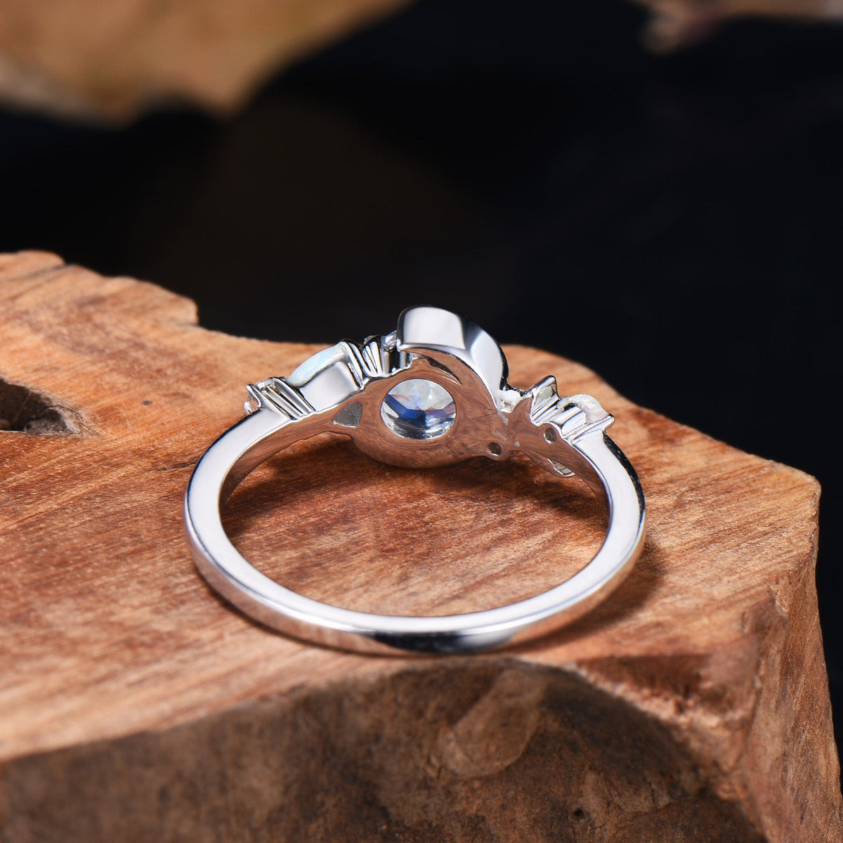 Unique 5mm Round Natural Rainbow Moonstone Opal Cluster Celestial Moon Wedding Ring