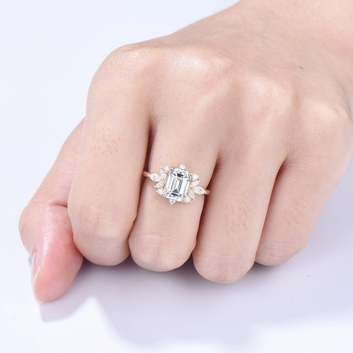 Custom Halo Emerald Cut Moissanite Engagement Ring 14K Yellow Gold  Cluster Marquise Moissanite Wedding Ring Unique Anniversary Promise Gift