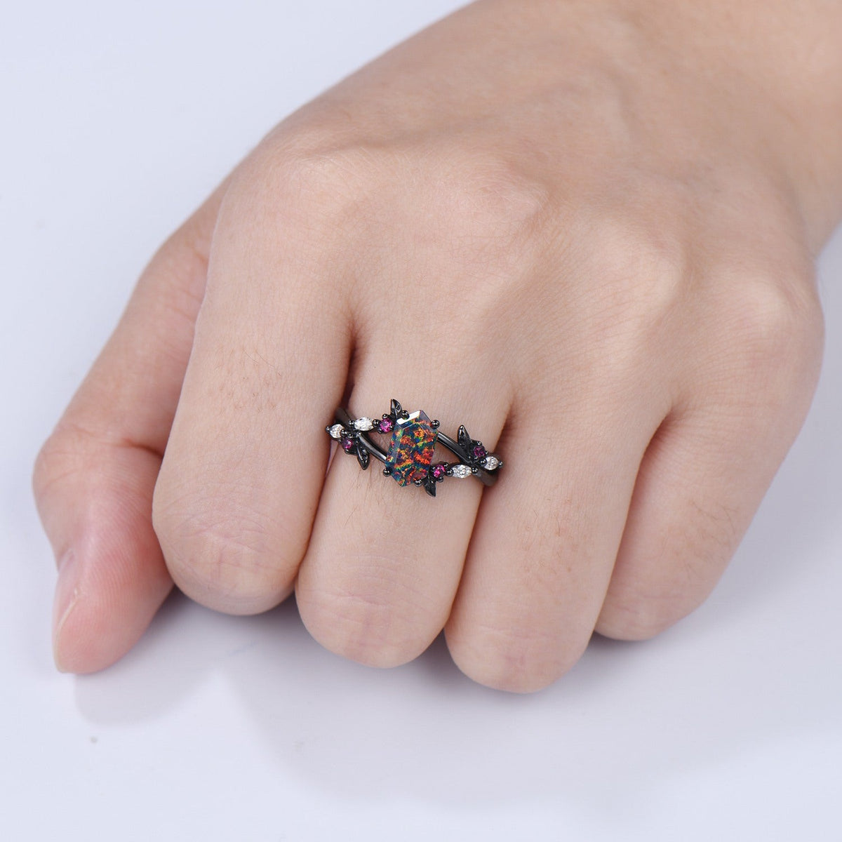 Handmade Black Gold Fire Opal Ring: Gothic Ruby Leaves, Hexagon Cut