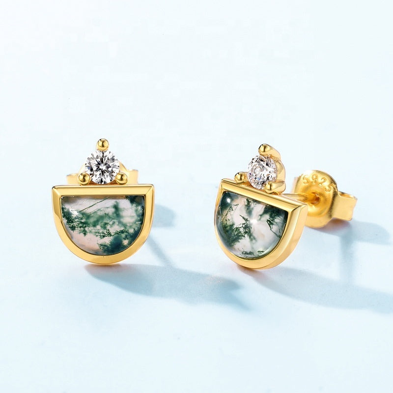 Half Moon Moss Agate Stud Earrings Boho Chic Crescent