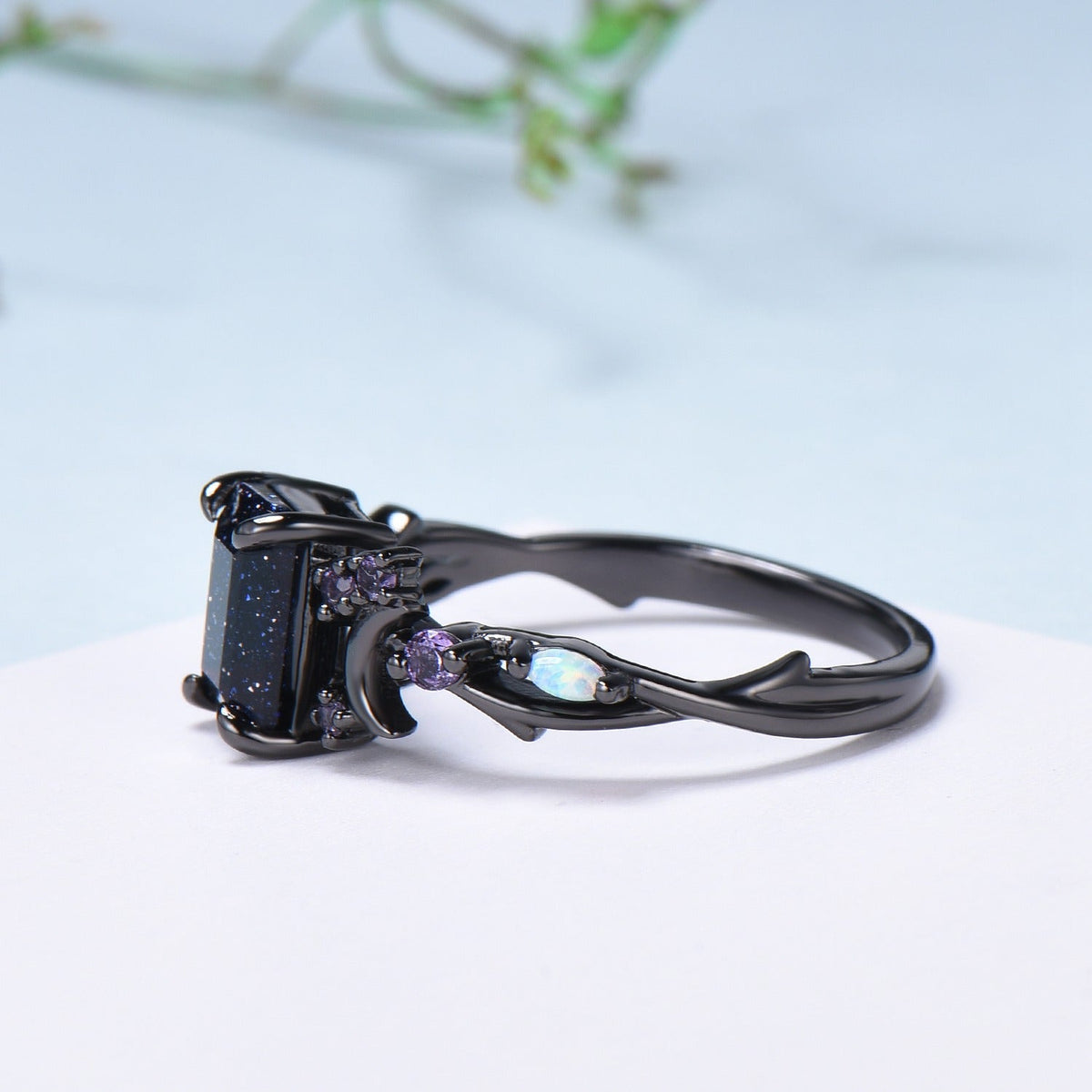 Unique Black Gold Blue Sandstone Ring Emerald Cut Vintage Galaxy Moon Engagement Ring Cluster Opal Amethyst Wedding Ring Promise Gift Women