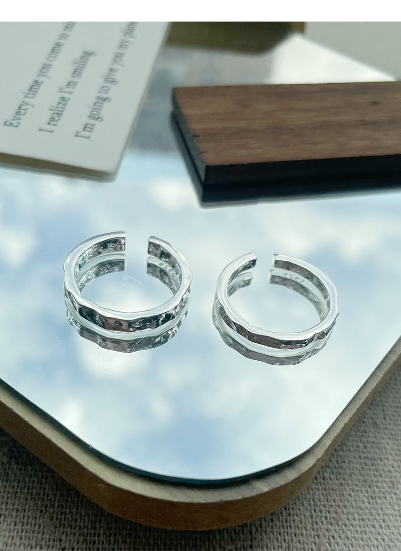 Stone Texture Open Ring, Minimalist Irregular Concave-Convex Band, Ins Cold Style Adjustable S925 Sterling Silver  Ring for Women