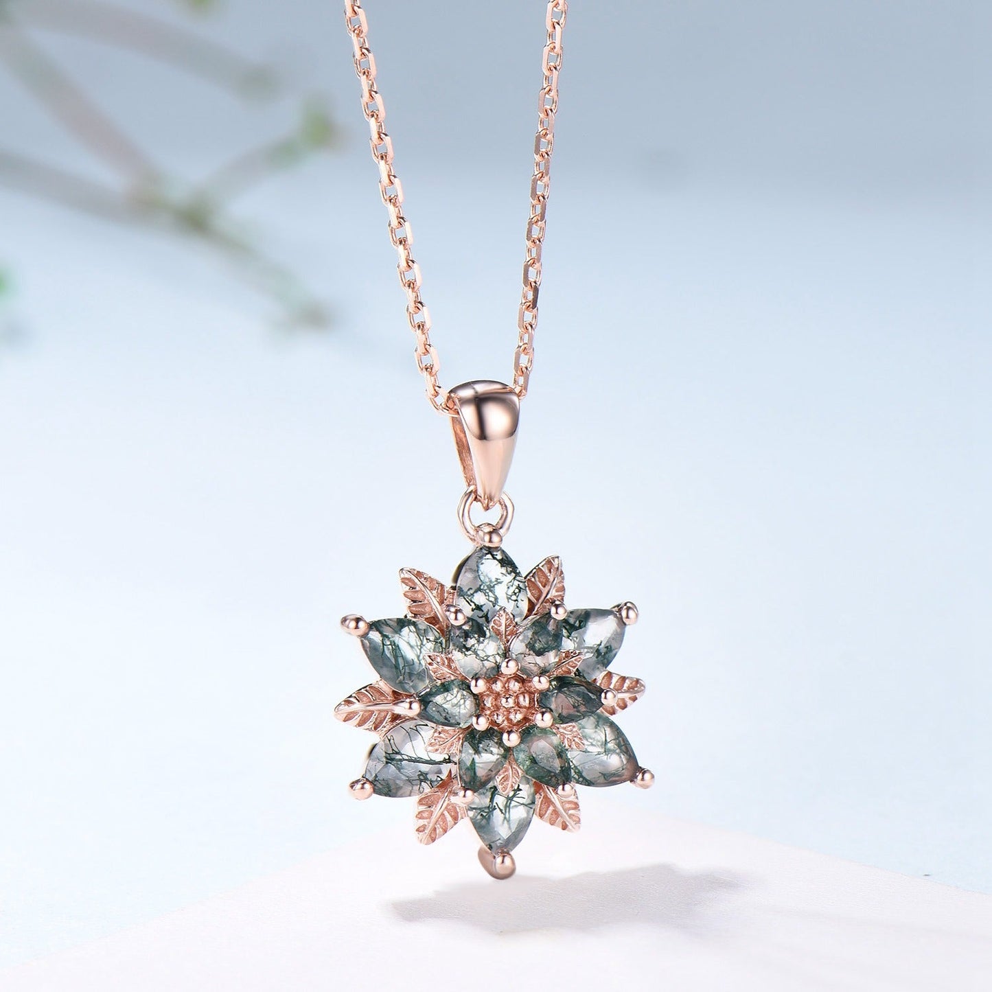 Tearsrop Moss Agate Flower Necklace - Double Halo Pendant, Leaf Vine