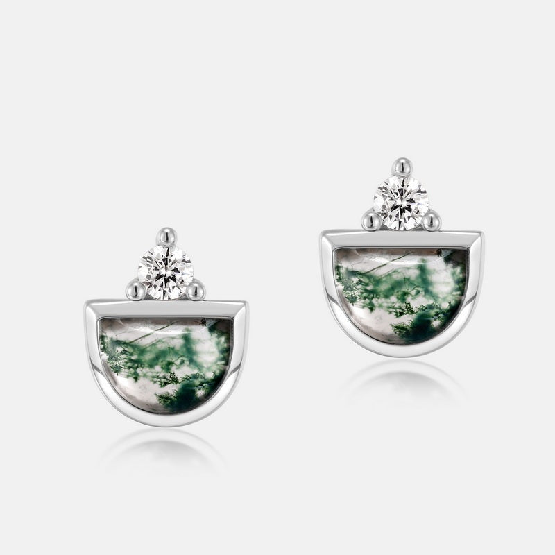 Half Moon Moss Agate Stud Earrings Boho Chic Crescent