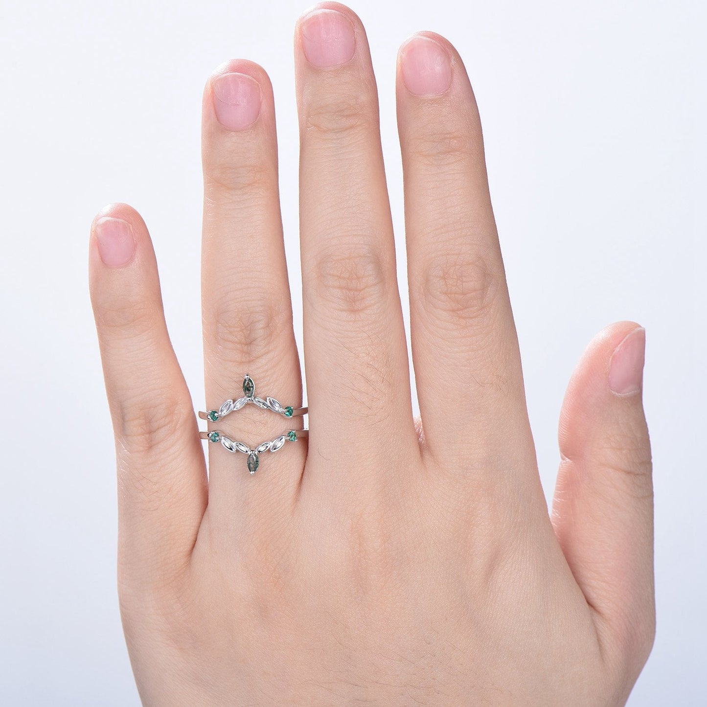 Moss Agate Marquise Wedding Band, Emerald Enhancer Ring, Solid Gold
