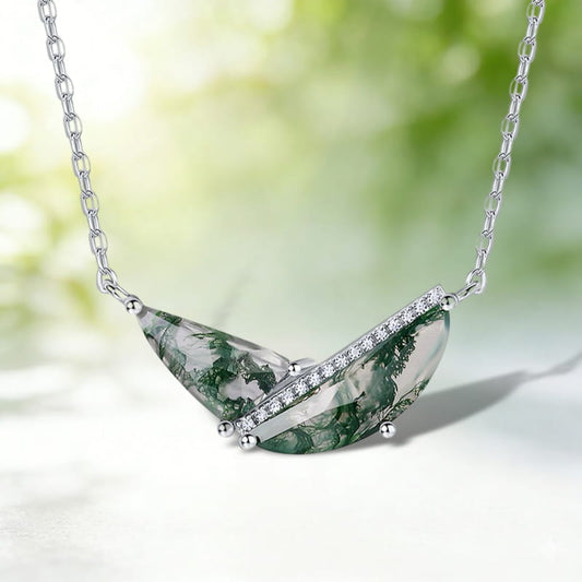 Abstract Geometric Moss Agate Necklace, Unique TwoStone Forest Gemstone Bar Pendant