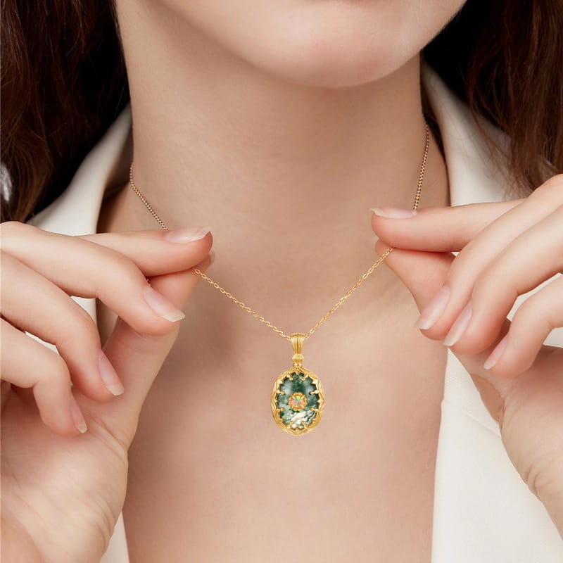 The Sovereign Moss Agate & Opal Medallion | 12x16mm Statement Necklace