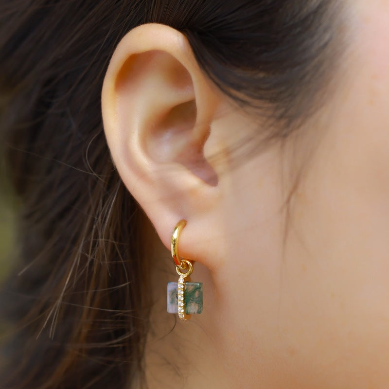 Square Moss Agate Drop Halo Huggie Earrings