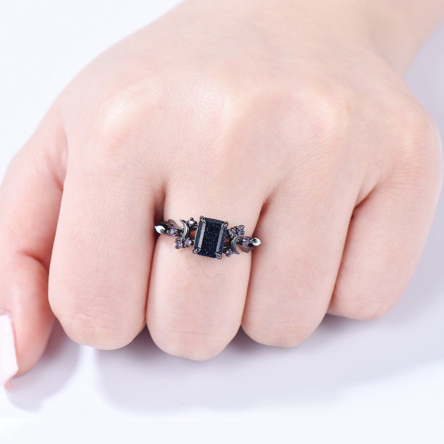 Unique Black Gold Blue Sandstone Ring Emerald Cut Vintage Galaxy Moon Engagement Ring Cluster Opal Amethyst Wedding Ring Promise Gift Women