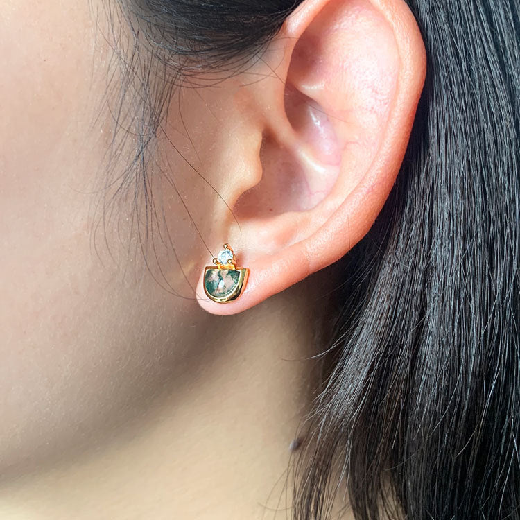 Half Moon Moss Agate Stud Earrings Boho Chic Crescent