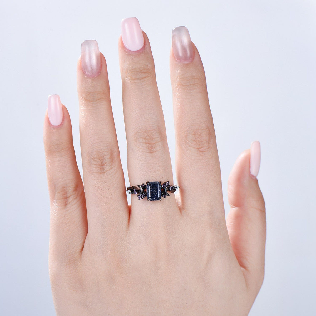 Unique Black Gold Blue Sandstone Ring Emerald Cut Vintage Galaxy Moon Engagement Ring Cluster Opal Amethyst Wedding Ring Promise Gift Women