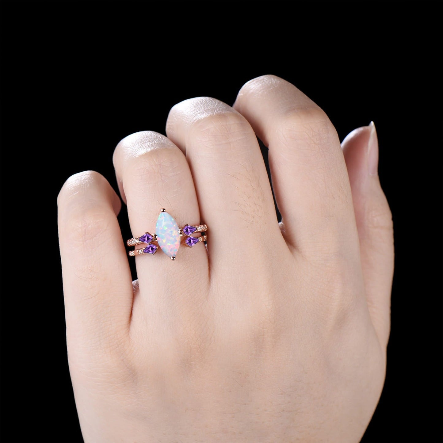 1CT Marquise Cut White Opal Engagement Ring Set, October Birthstone Amethyst Wedding Ring Set