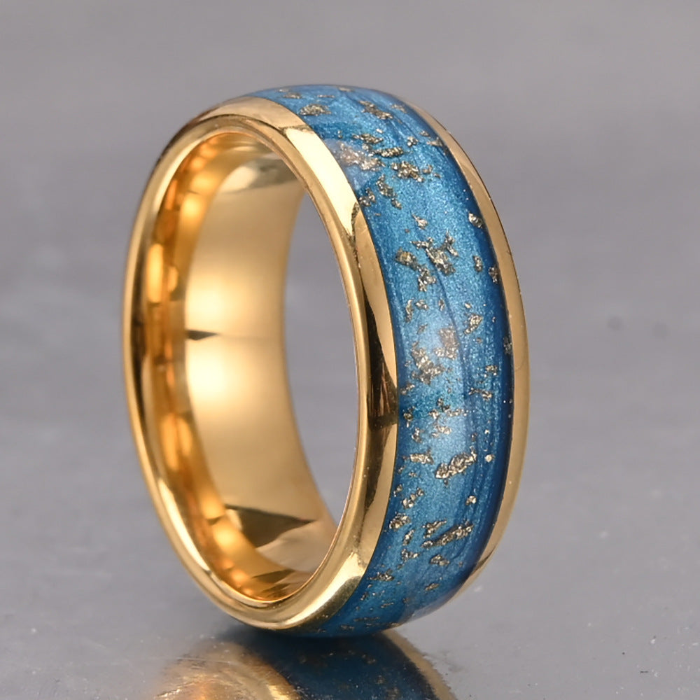 Cosmic 8mm Gold Tungsten Ring, Blue Nebula & Gold Flakes Inlay