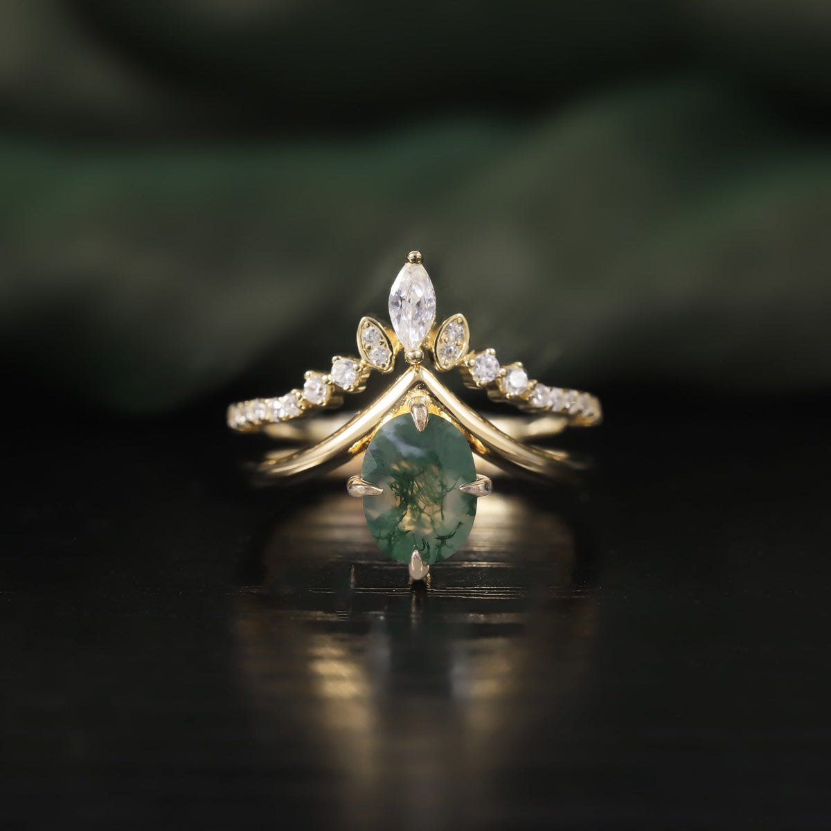 Unique Oval Moss Agate Stacking Engagement Ring