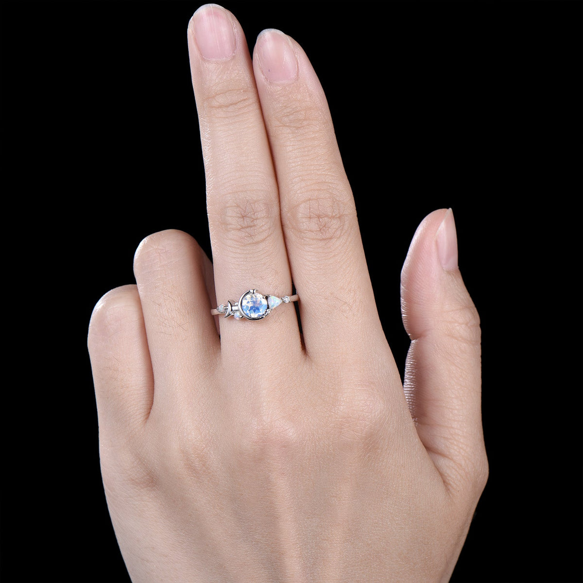 Unique 5mm Round Natural Rainbow Moonstone Opal Cluster Celestial Moon Wedding Ring