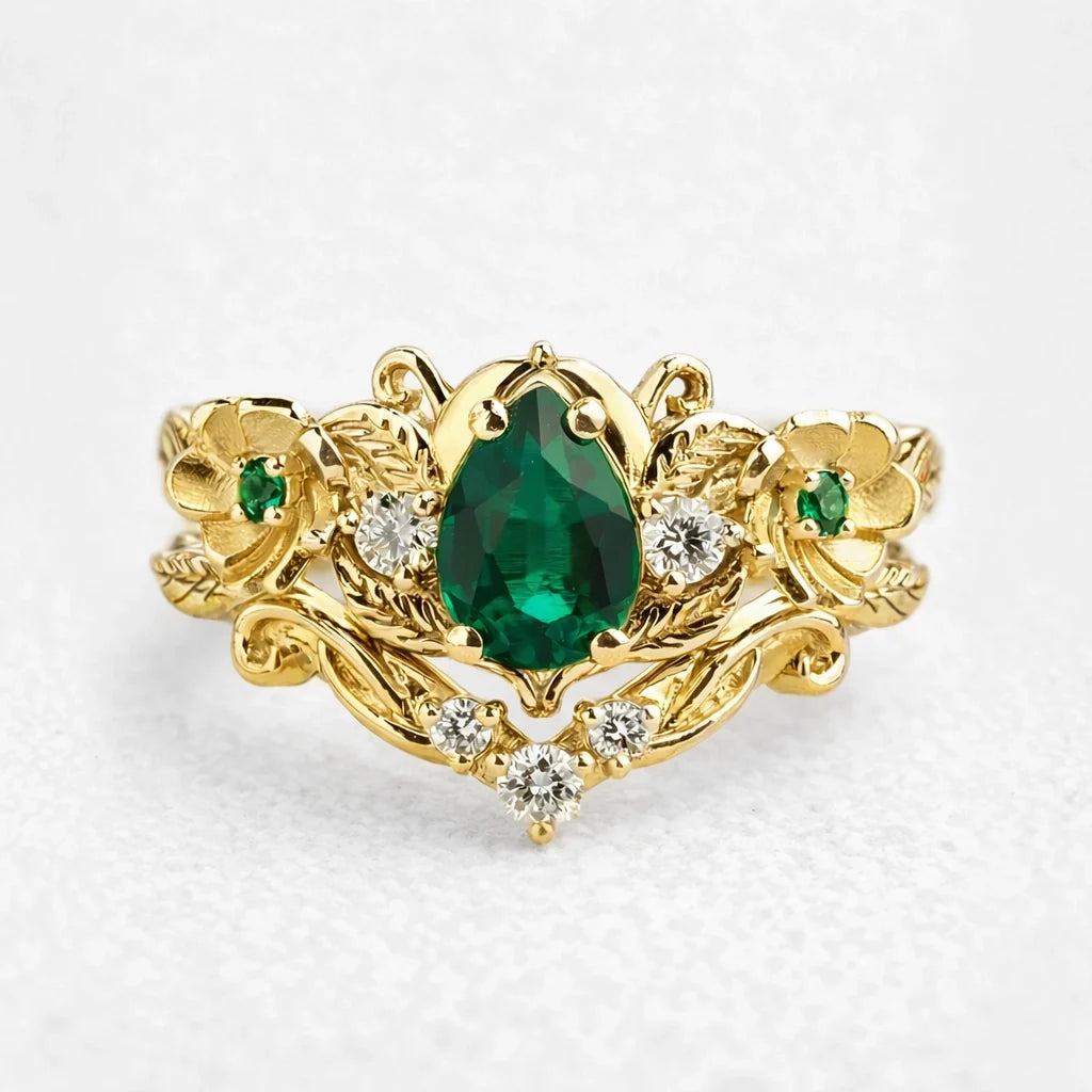 Flora’s Bloom | Natural Emerald Floral Bridal Set 2pcs