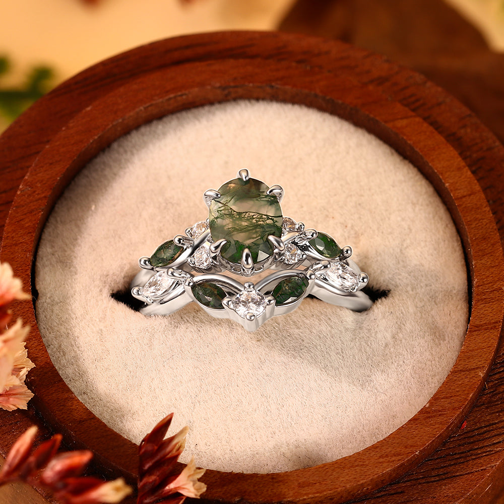 Enchanted Forest Moss Agate Ring Set - Handcrafted Leaf & Vine Bridal Set - Whimsical Nature-Inspired Gold Jewelry Gift for Her
