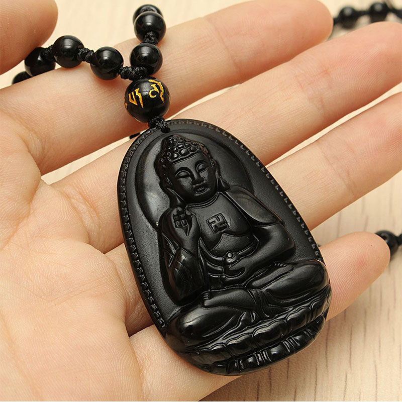 Black Obsidian Buddha  Necklace for Protection