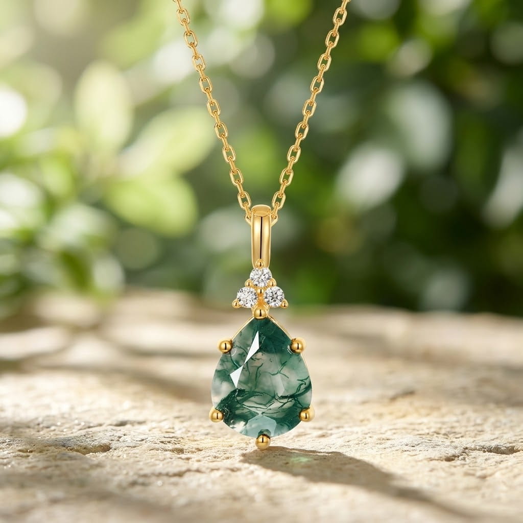 8x10MM Pear Shaped Moss Agate Pendant Necklace-Rosa