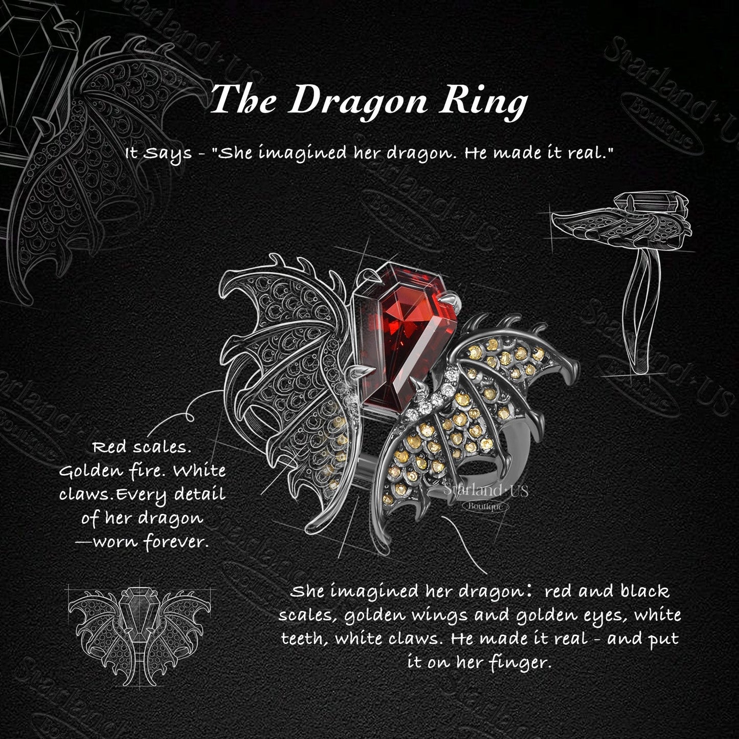 Gothic Dragon Inspired Coffin Garnet Non-Traditional Loong Black Gold Engagement Ring - Dragon Ring