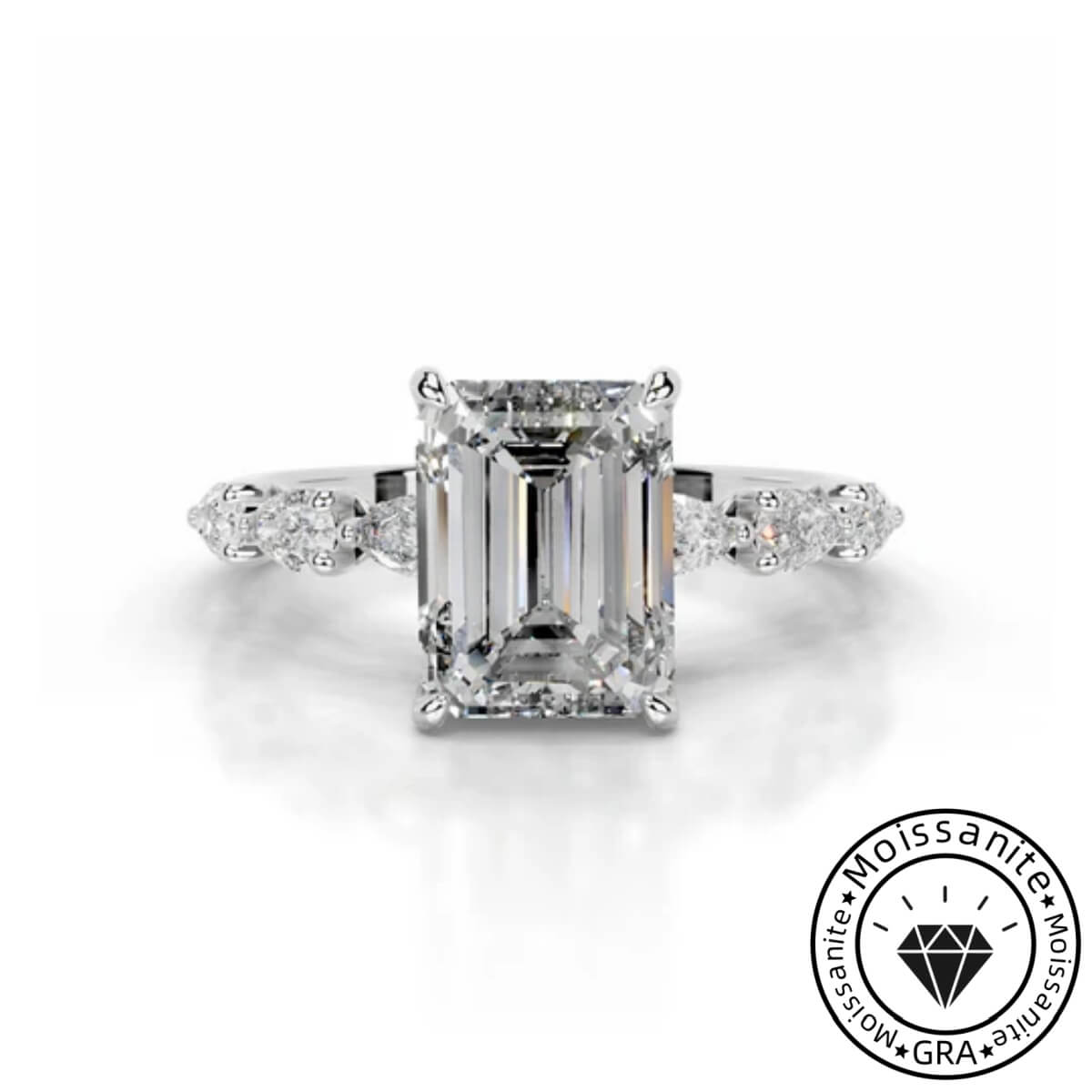 Sublime Solarii Moissanite 2.0ct Emerald Cut 925 Sterling Side Stone Engagement Ring