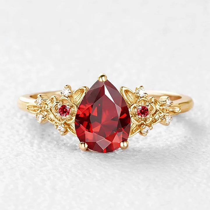 Scarlett’s Twig | Vintage Pear Red Ruby & Diamond Floral Bridal Set 2pcs