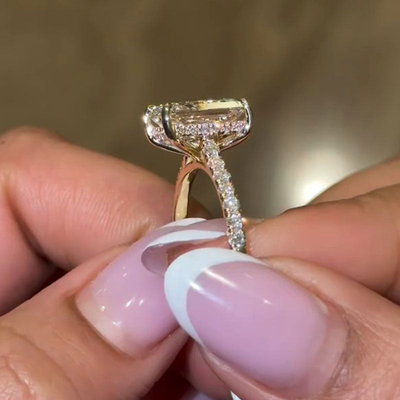 Radiant Cut Hidden Halo Engagement Ring With Half Paved Band