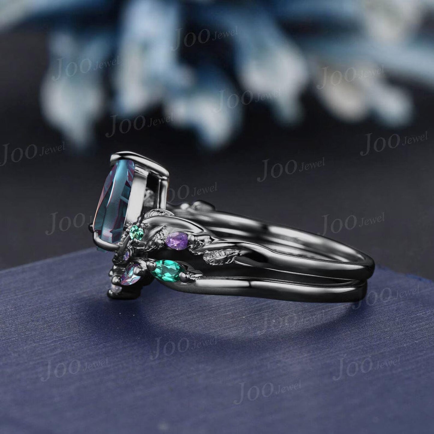 1.25CT Fireworks Cut Color-Change Alexandrite Black Gold Wedding Ring Set Pear Cut Engagement Rings Twig Vine Emerald Amethyst Bridal Set