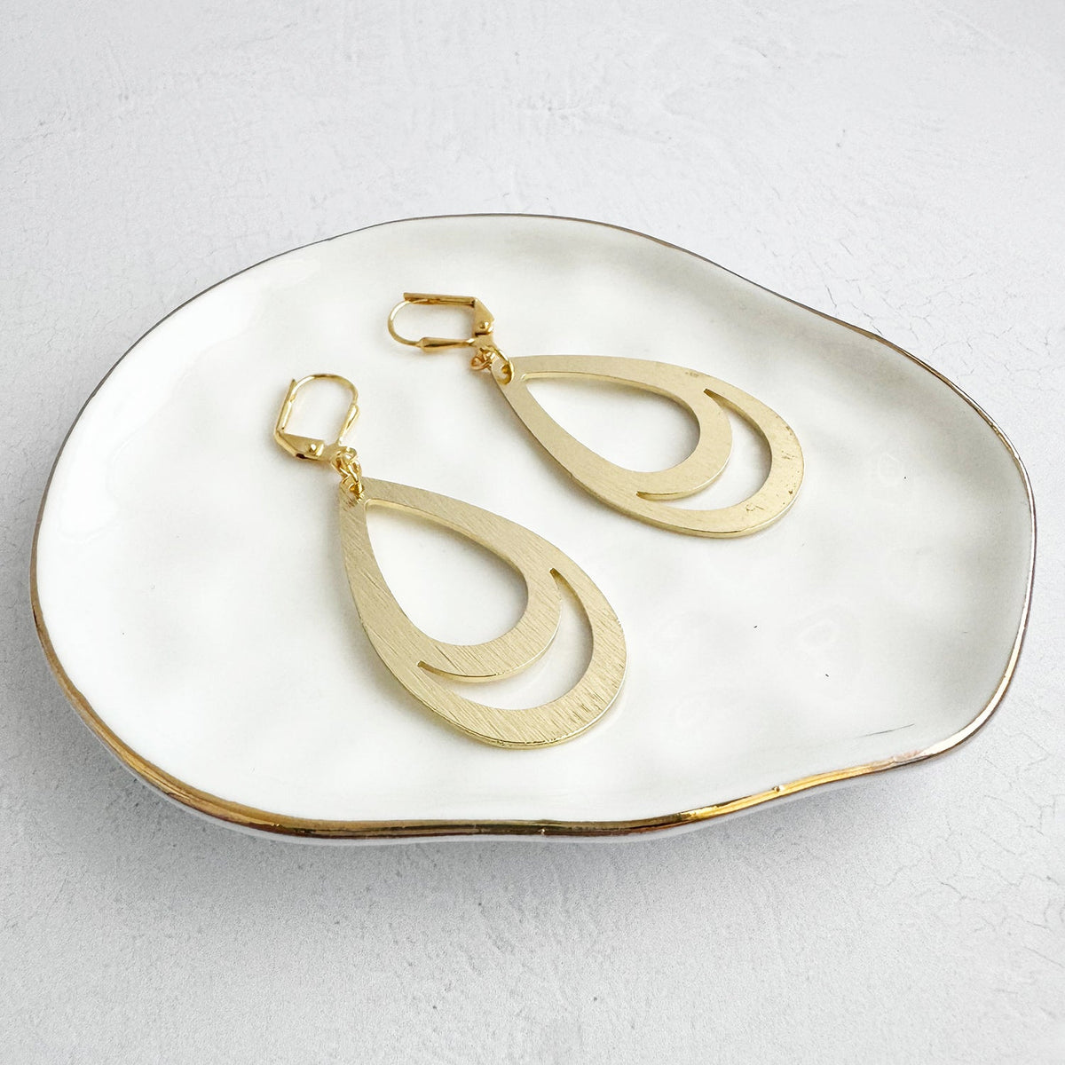 Double Teardrop Dangle Earrings in Brushed Gold