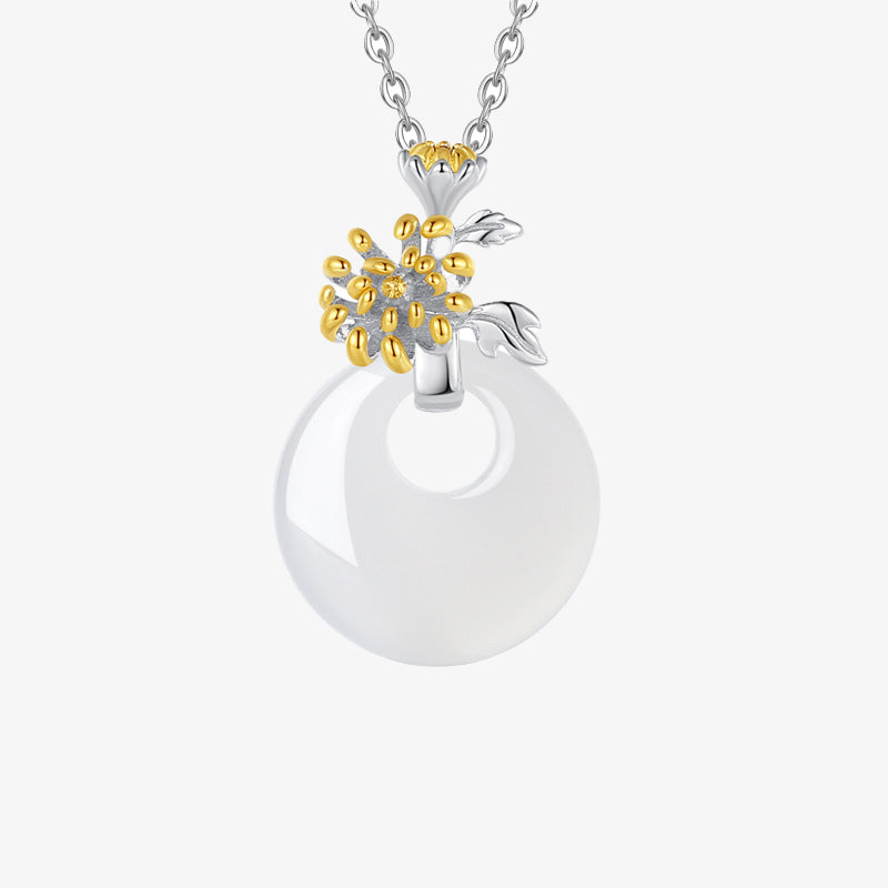 Fortune Jewel 925 Sterling Silver Round Chalcedony Twelve Months Flower Harmony Necklace Pendant