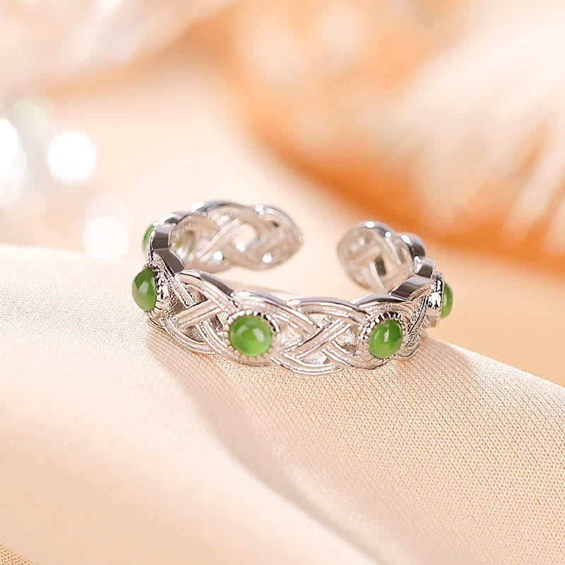 Fortune Jewel 925 Sterling Silver Plated Gold Cyan Jade Braided Design Success Luck Adjustable Ring