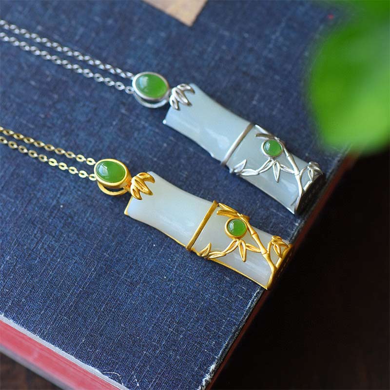 Fortune Jewel White Jade Cyan Jade Bamboo Protection Necklace Pendant