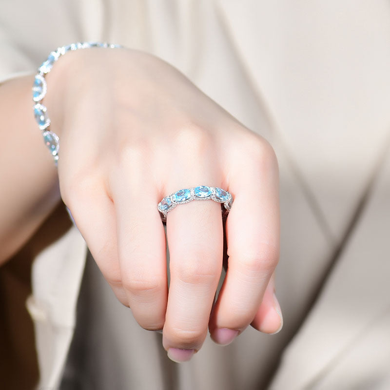 Solarii X Lustrous Oval Cut Aquamarine Blue Wedding Ring In 925 Sterling Silver