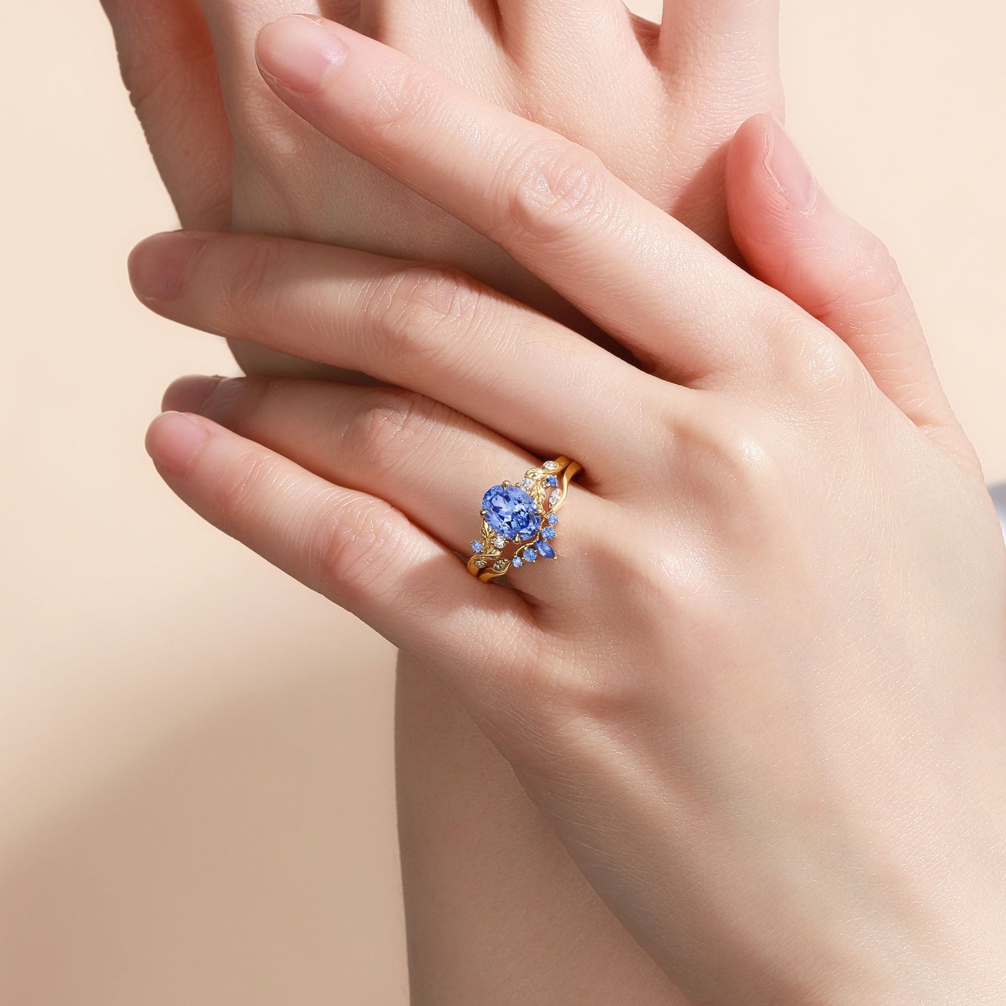 Oval Cut Lab Cornflower Sapphire Engagement Ring Sets 2pcs - Anouk