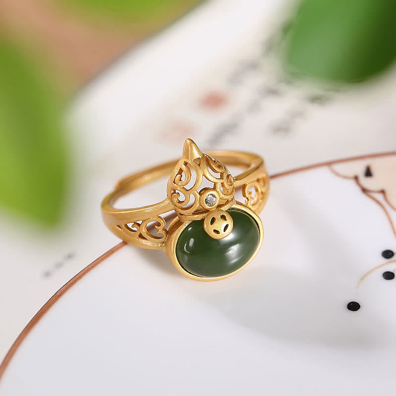 Fortune Jewel Gourd Cyan Jade Copper Coin Success Luck Adjustable Ring