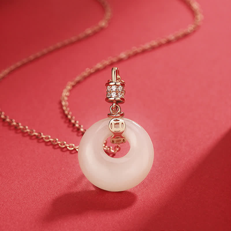 Fortune Jewel 925 Sterling Silver Hetian White Jade Coin Flower Peace Buckle Luck Necklace Pendant