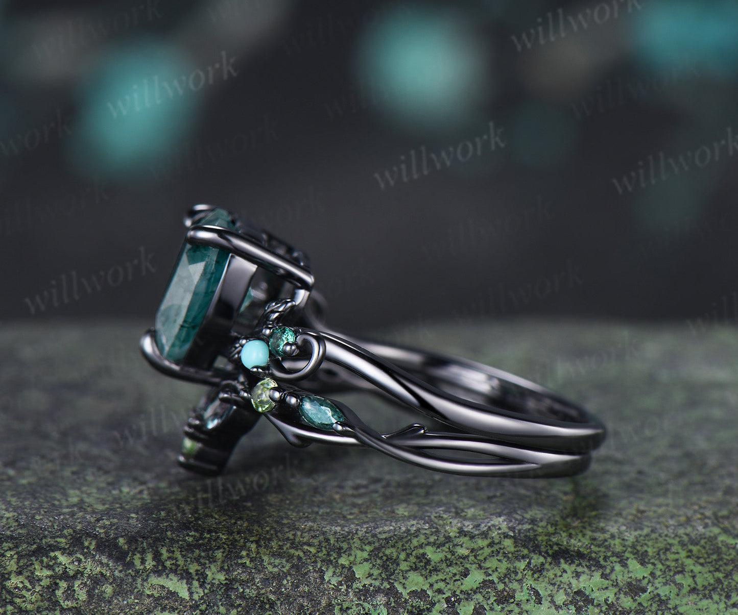 Heart Moss Agate Engagement Ring Set Twig Leaf Turquoise Emerald Ring Alexandrite Branch Wedding Band Unique Bridal Set