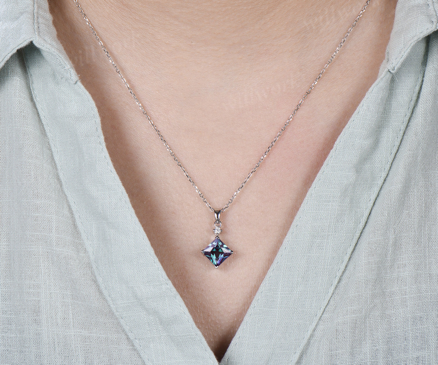8mm Princess Cut Alexandrite Pendant Necklace Moissanite Accent Minimalist Necklace June Birthstone Jewelry Gift