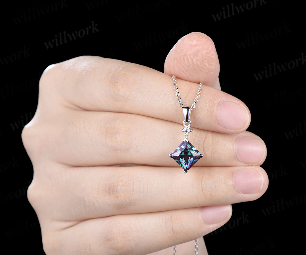 8mm Princess Cut Alexandrite Pendant Necklace Moissanite Accent Minimalist Necklace June Birthstone Jewelry Gift