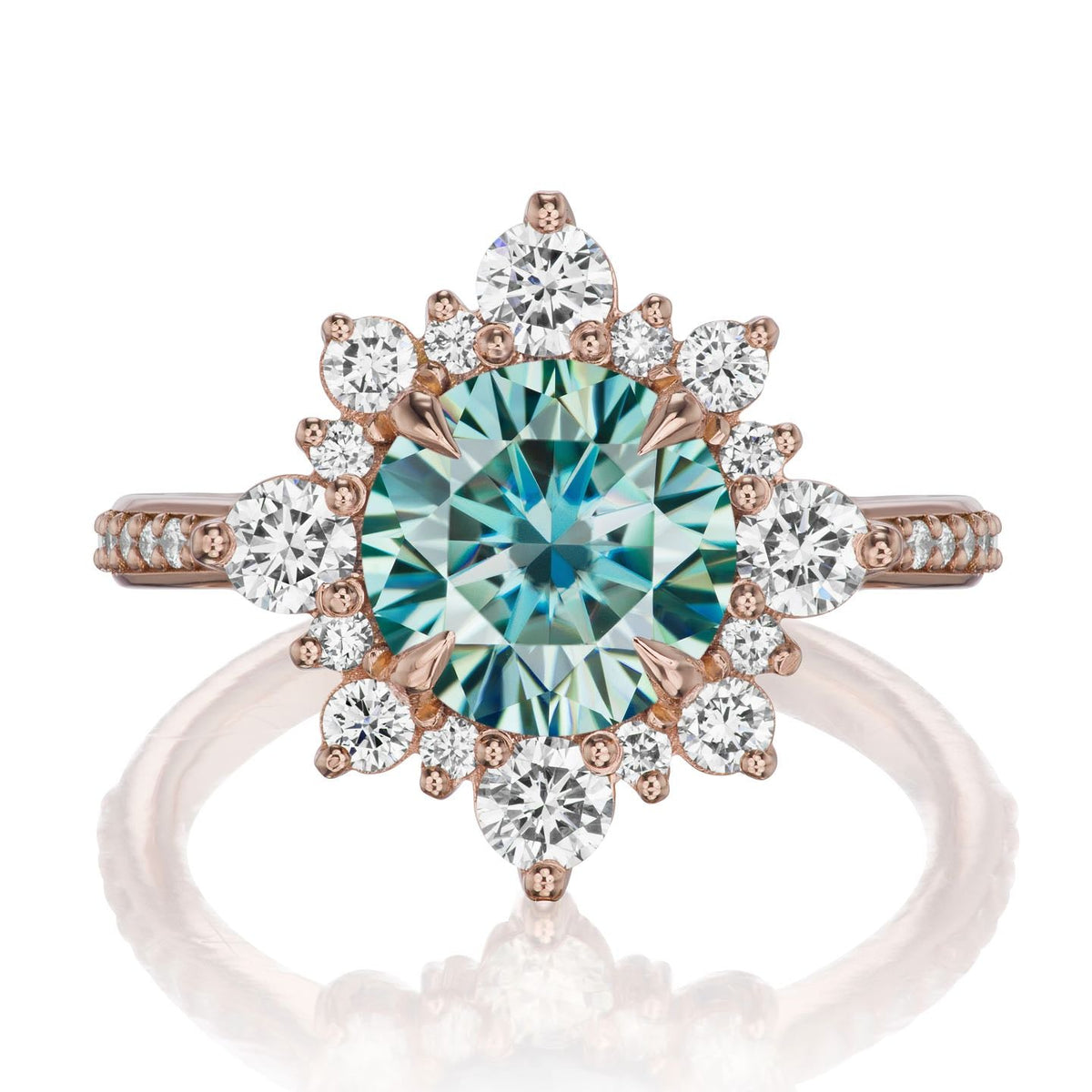 ・REYNA・Aqua-Teal Iconic™ Moissanite Center, Diamond Halo (2.52ctw+)