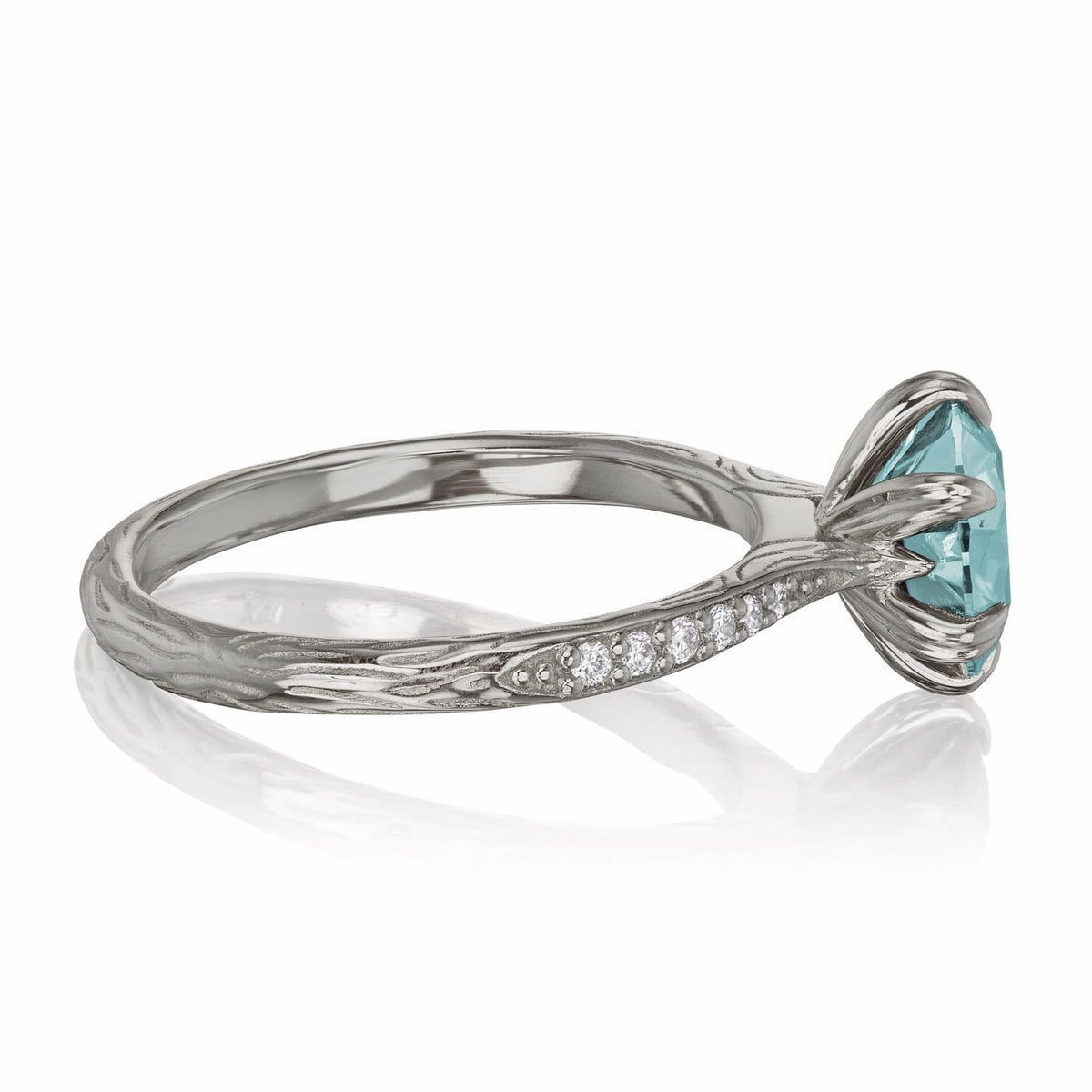 ・CAMILLE・Aqua-Teal Iconic™ Moissanite, Twig Textured Diamond Band (2ct Center)